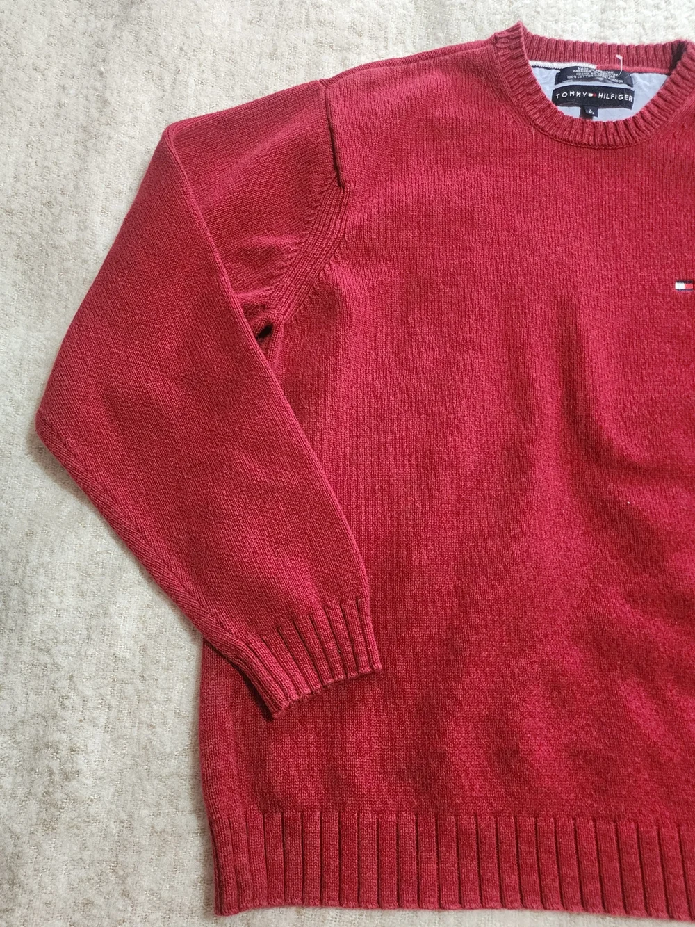 Vintage Tommy Hilfiger Cotton Red Ribbed Knit Oversized Pullover Sweater Logo Lg
